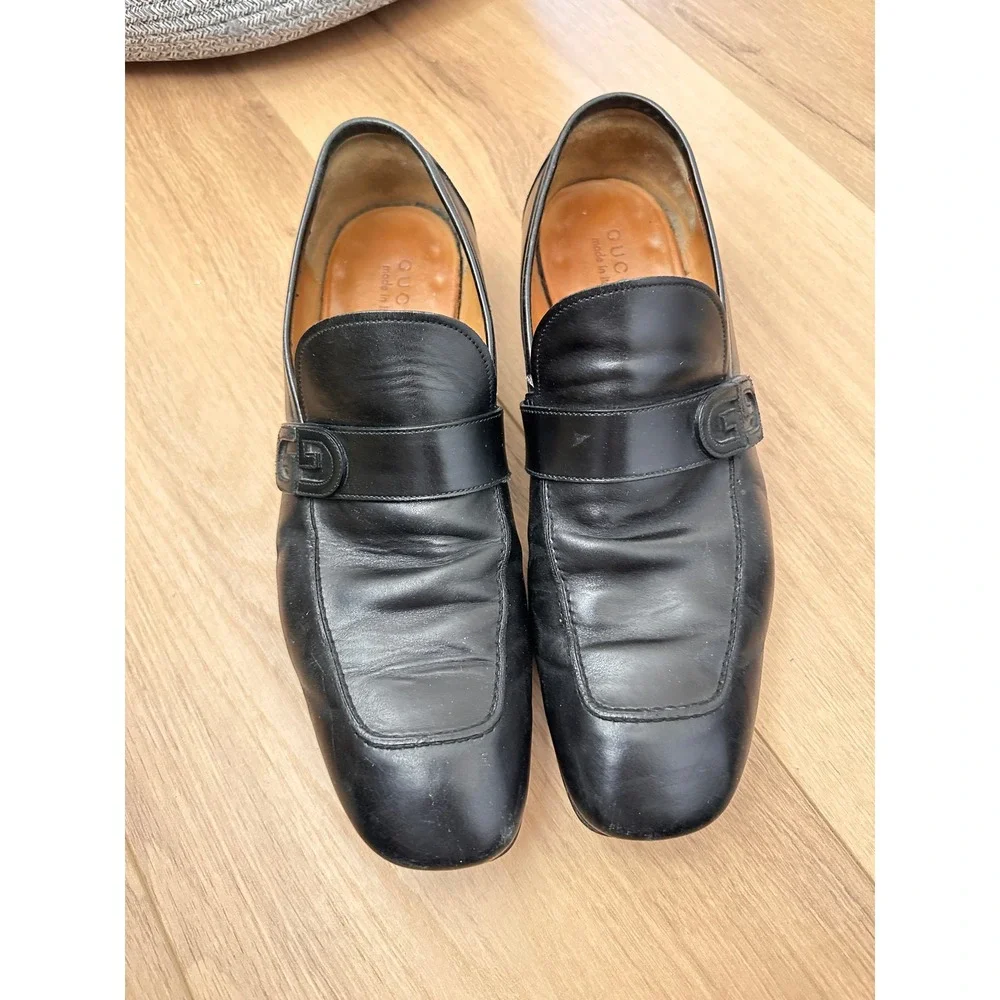 Gucci Mens Black Leather Interlocking GG Logo Loafers Shoes Size 41 Italy